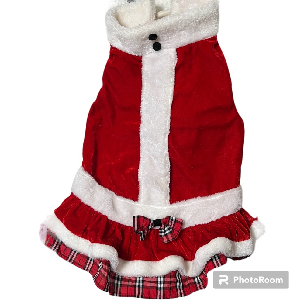 Santa Baby Red Dog Christmas Holiday Outfit with a skirt bottom, Bow& white trim